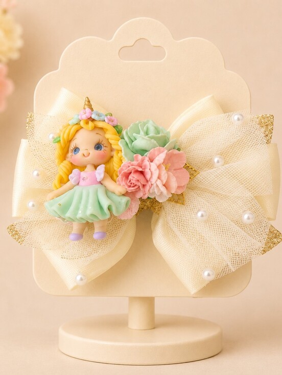 Beadivaart Accessories - Handmade Cream Tulle Unicorn Doll Bow Hair Clip with Pastel Accents🎀✨